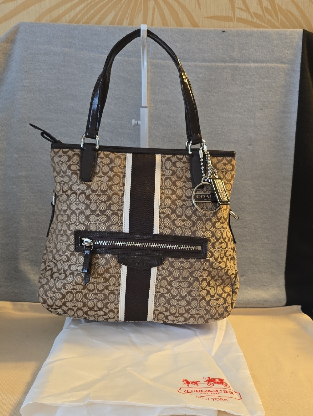 Coach Brown Signature Stripe Shoulder Bag with Dark Brown and Cream Accents